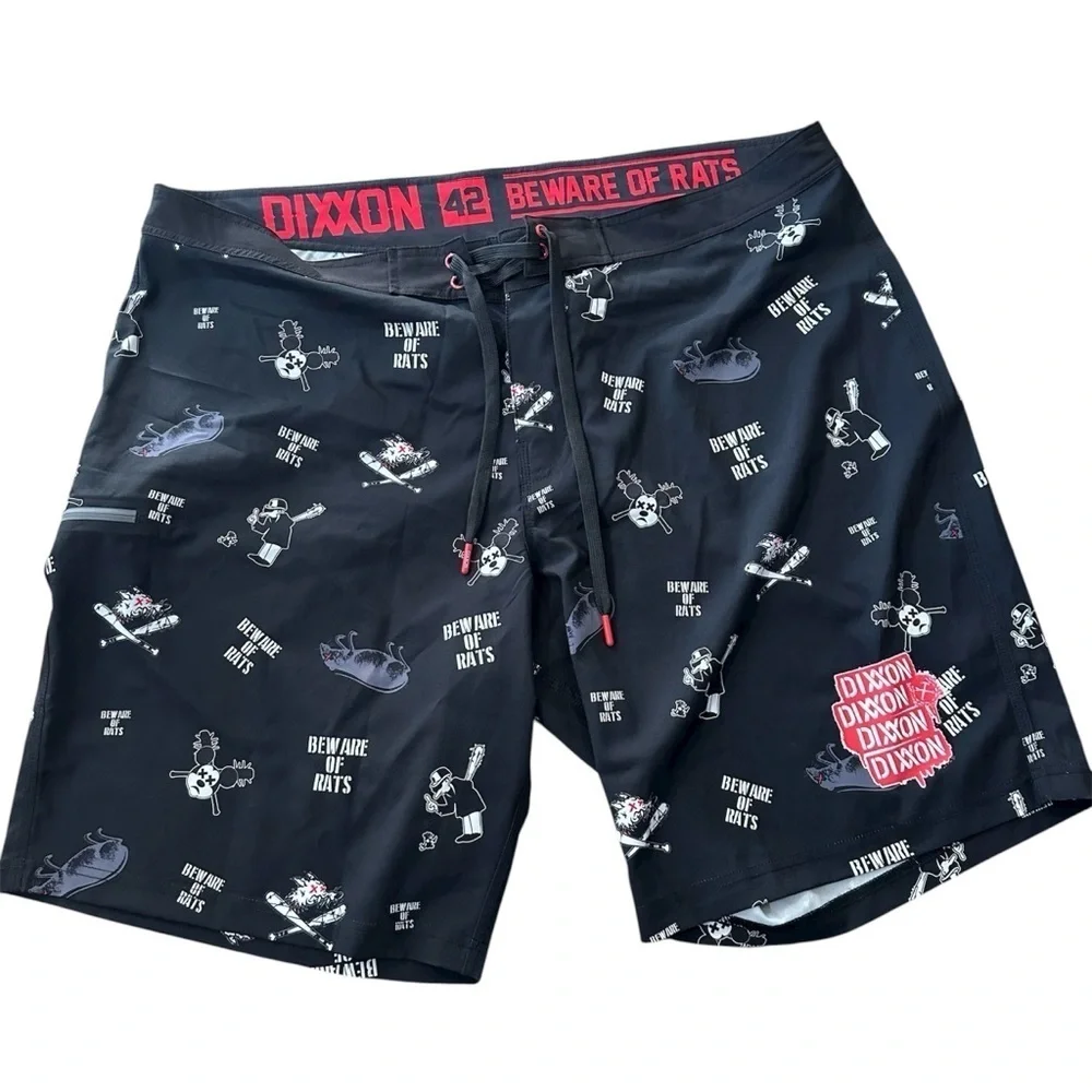 DIXXON Beware Boardshorts Men’s Red, White, & Black Lightweight Trunks Sz 42 NWO